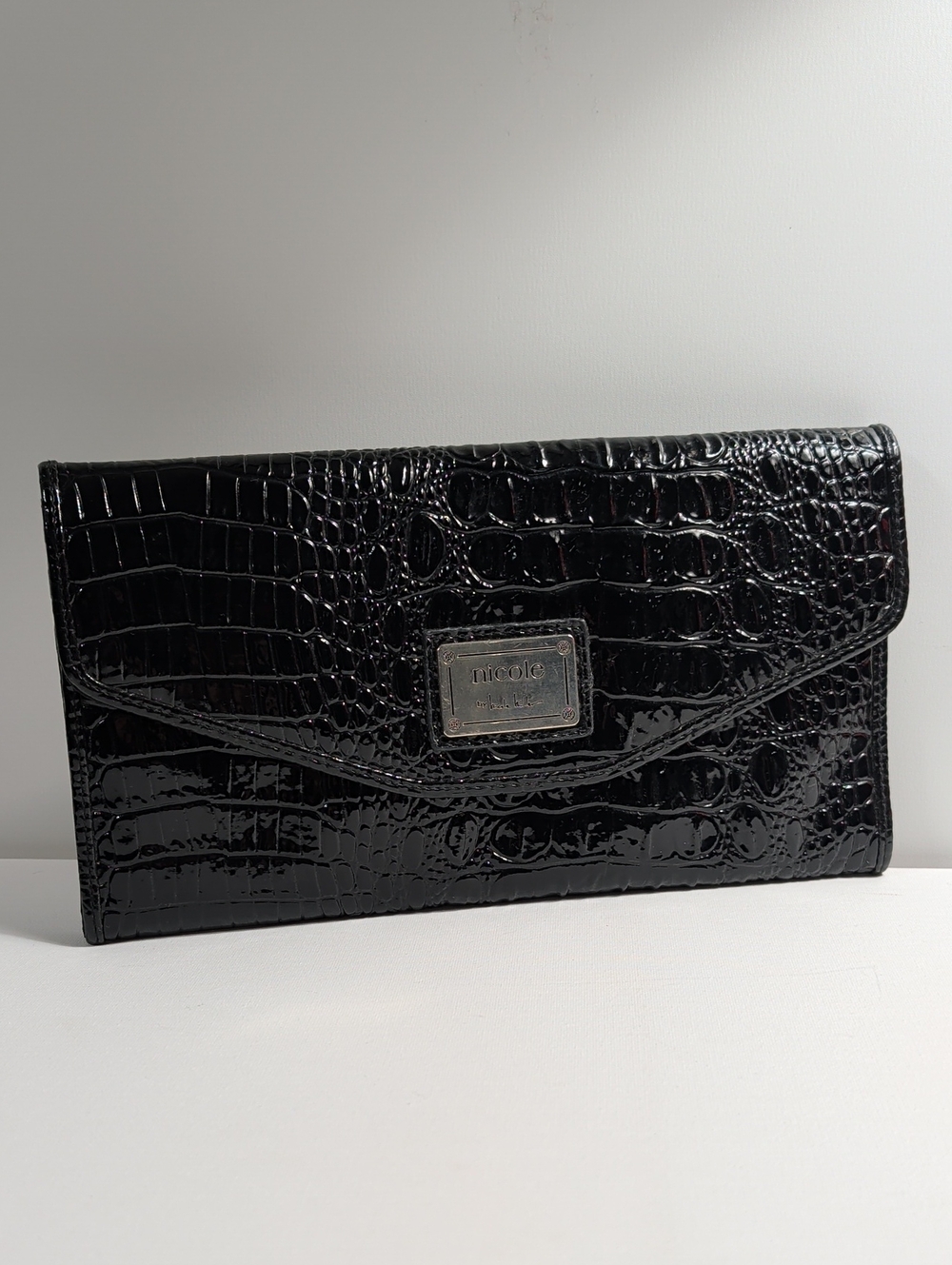 Nicole Miller Black Patent Croc-Embossed Envelope Clutch
